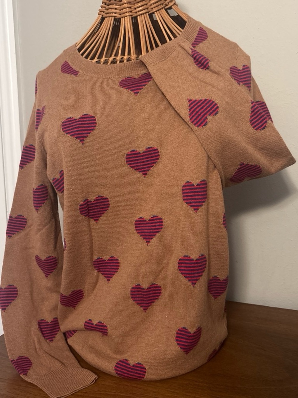 Women's Tan Heart Print Sweater with Pink Accents by Wallace Anthropologie